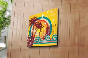 Lerretsbilde 45x45 cm - Tropisk strandscene med palmer og havbølger - Mørk rød / Turkis / Gul - Interiør - Maleri & posters - Lerretsbilder