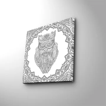 Lerretsbilde 45x45 cm - Ugle i detaljert strektegning omgitt av ornamentale mønstre - Svart / Hvit - Interiør - Maleri & posters - Lerretsbilder
