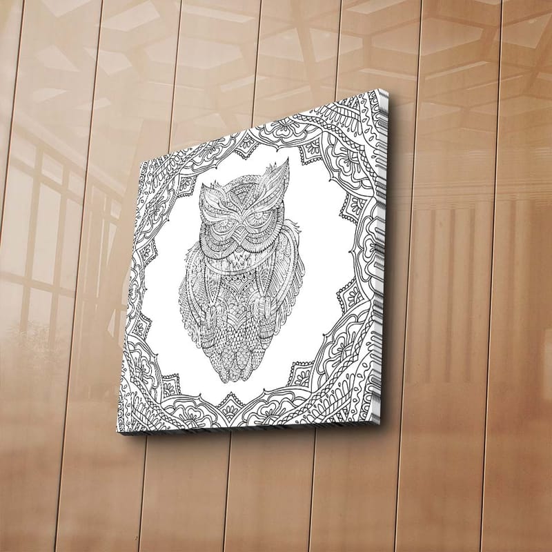 Lerretsbilde 45x45 cm - Ugle i detaljert strektegning omgitt av ornamentale mønstre - Svart / Hvit - Interiør - Maleri & posters - Lerretsbilder