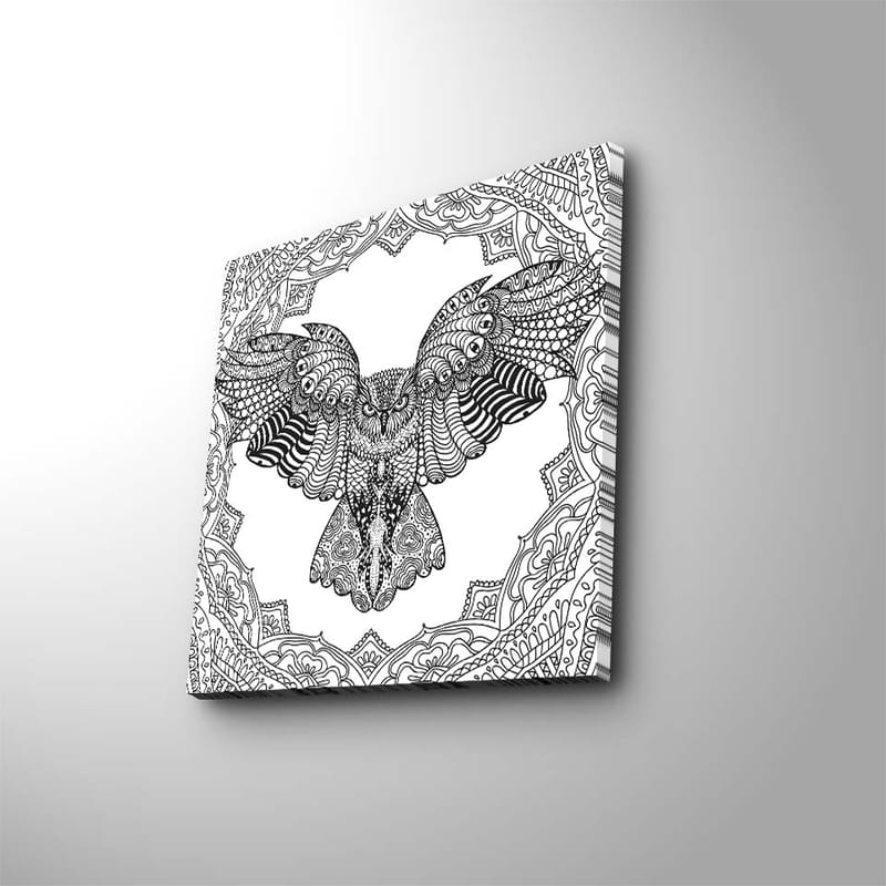 Lerretsbilde 45x45 cm - Ugle med detaljert mønster i svart-hvitt - Svart / Hvit - Interiør - Maleri & posters - Lerretsbilder