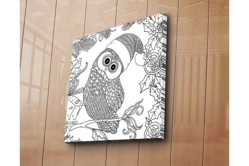 Lerretsbilde 45x45 cm - Ugle med nisselue omgitt av juledetaljer - Svart / Hvit - Interiør - Maleri & posters - Lerretsbilder