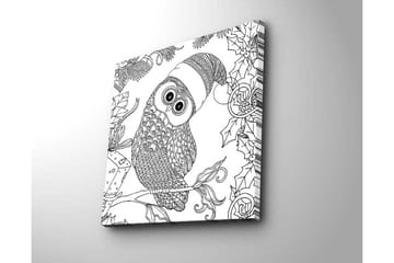 Lerretsbilde 45x45 cm - Ugle med nisselue omgitt av juledetaljer - Svart / Hvit - Interiør - Maleri & posters - Lerretsbilder