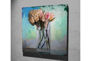 Lerretsbilde 45x45 cm - Vakker bukett med roser og hortensiaer i en glassvase - Lys rosa / Beige / Grønn - Interiør - Maleri & posters - Lerretsbilder