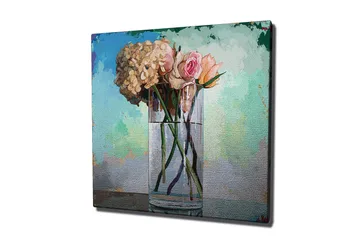 Lerretsbilde 45x45 cm - Vakker bukett med roser og hortensiaer i en glassvase - Lys rosa / Beige / Grønn - Interiør - Maleri & posters - Lerretsbilder