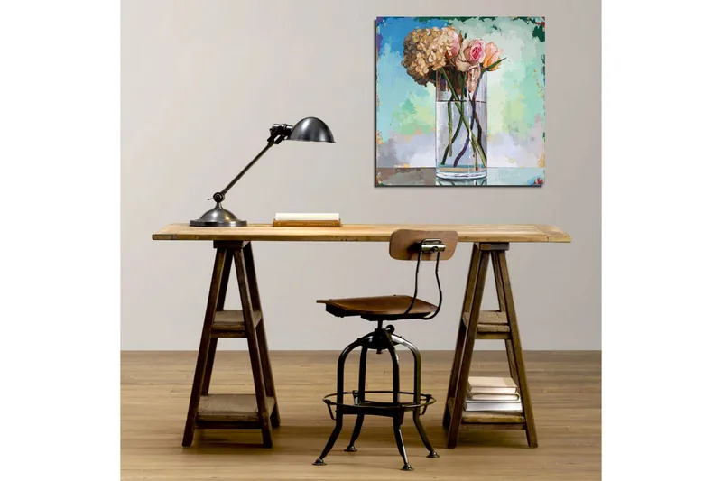 Lerretsbilde 45x45 cm - Vakker bukett med roser og hortensiaer i en glassvase - Lys rosa / Beige / Grønn - Interiør - Maleri & posters - Lerretsbilder