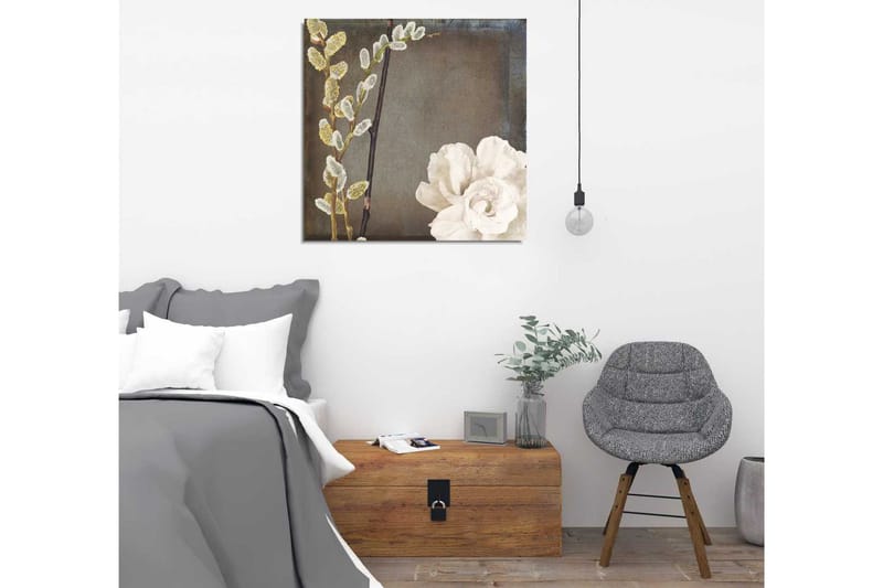 Lerretsbilde 45x45 cm - Vakker komposisjon av blomster og kvister - Hvit / Grå / Beige - Interiør - Maleri & posters - Lerretsbilder