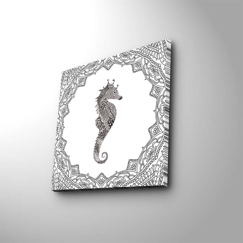 Lerretsbilde 45x45 cm - Vakker sjøhest i detaljert ramme - Svart / Hvit - Interiør - Maleri & posters - Lerretsbilder