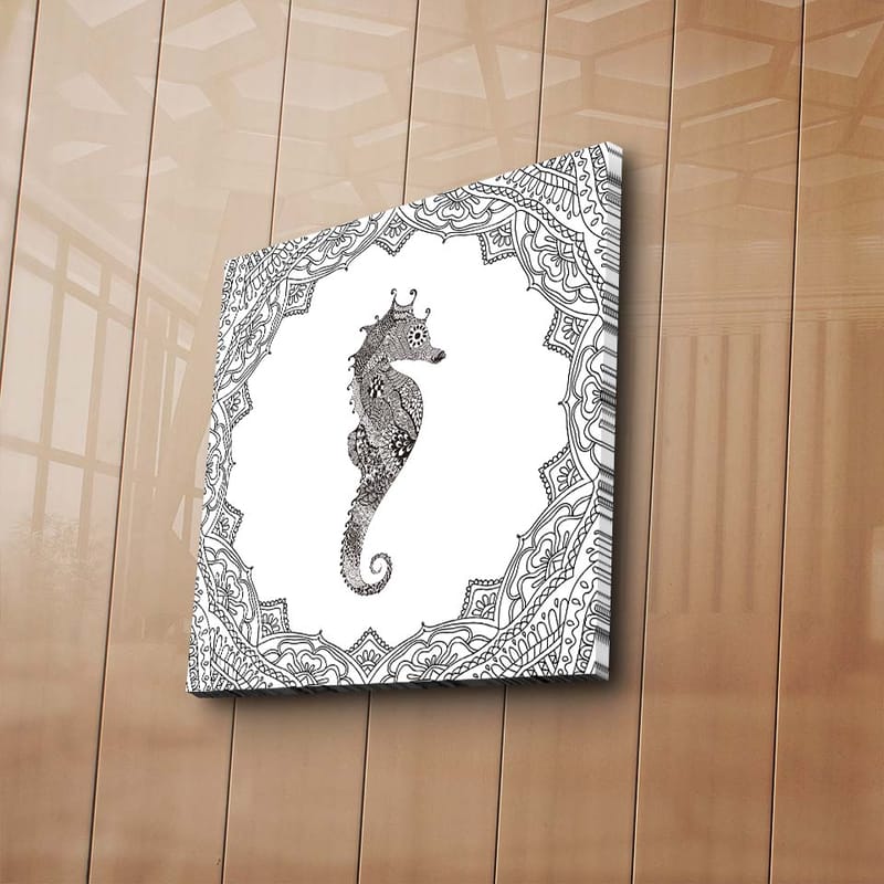 Lerretsbilde 45x45 cm - Vakker sjøhest i detaljert ramme - Svart / Hvit - Interiør - Maleri & posters - Lerretsbilder