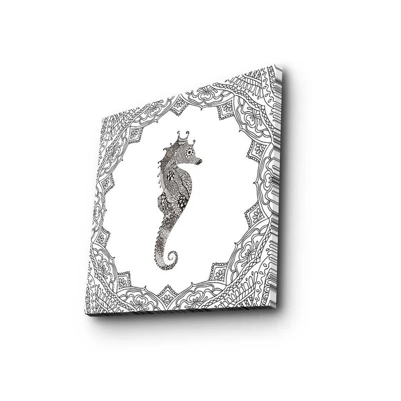 Lerretsbilde 45x45 cm - Vakker sjøhest i detaljert ramme, Svart / Hvit