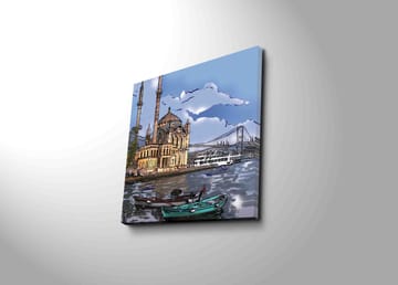 Lerretsbilde 45x45 cm - Vakker utsikt over en historisk moské ved vannet med båter i forgrunnen - Blå / Beige / Grønn - Interiør - Maleri & posters - Lerretsbilder