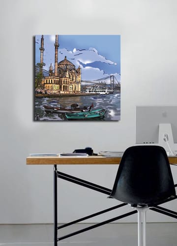 Lerretsbilde 45x45 cm - Vakker utsikt over en historisk moské ved vannet med båter i forgrunnen - Blå / Beige / Grønn - Interiør - Maleri & posters - Lerretsbilder