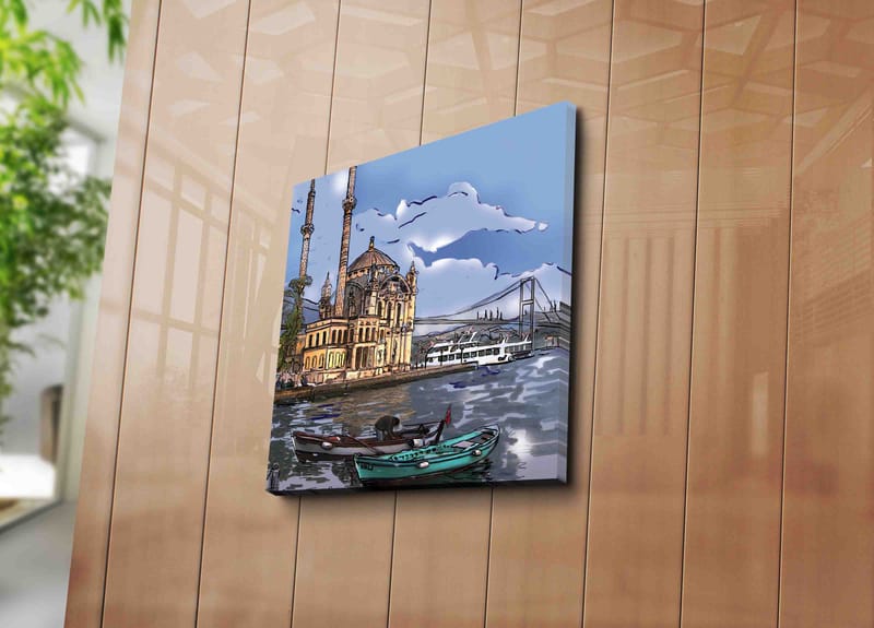 Lerretsbilde 45x45 cm - Vakker utsikt over en historisk moské ved vannet med båter i forgrunnen - Blå / Beige / Grønn - Interiør - Maleri & posters - Lerretsbilder