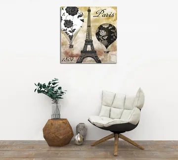 Lerretsbilde 45x45 cm - Varmluftsballonger og Eiffeltårnet i romantisk stil - Svart / Beige / Hvit - Interiør - Maleri & posters - Lerretsbilder