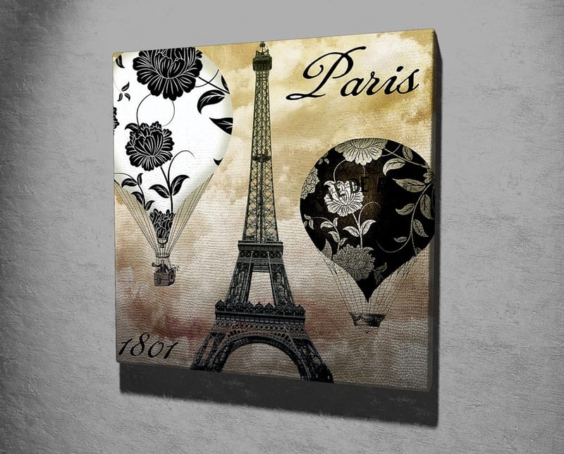 Lerretsbilde 45x45 cm - Varmluftsballonger og Eiffeltårnet i romantisk stil - Svart / Beige / Hvit - Interiør - Maleri & posters - Lerretsbilder