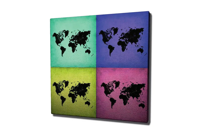 Lerretsbilde 45x45 cm - Verdenskart i fire fargerike seksjoner - Turkis / Lilla / Grønn - Interiør - Maleri & posters - Lerretsbilder