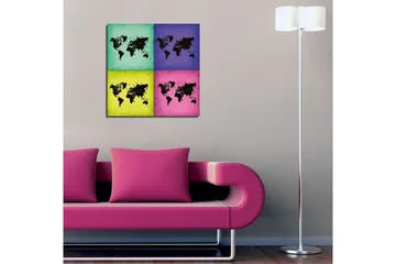 Lerretsbilde 45x45 cm - Verdenskart i fire fargerike seksjoner - Turkis / Lilla / Grønn - Interiør - Maleri & posters - Lerretsbilder