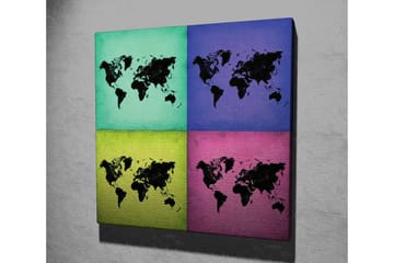 Lerretsbilde 45x45 cm - Verdenskart i fire fargerike seksjoner - Turkis / Lilla / Grønn - Interiør - Maleri & posters - Lerretsbilder