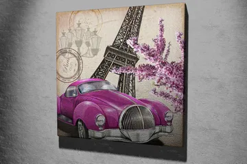 Lerretsbilde 45x45 cm - Veteranbil i knall lilla med Eiffeltårnet og blomster i bakgrunnen - Lilla / Rosa / Grå - Interiør - Maleri & posters - Lerretsbilder