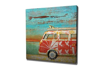 Lerretsbilde 45x45 cm - Vintage varebil med blomstermønster i et fargerikt miljø - Rød / Turkis / Hvit - Interiør - Maleri & posters - Lerretsbilder