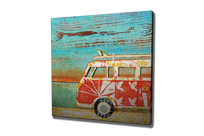 Lerretsbilde 45x45 cm - Vintage varebil med blomstermønster i et fargerikt miljø - Rød / Turkis / Hvit - Interiør - Maleri & posters - Lerretsbilder