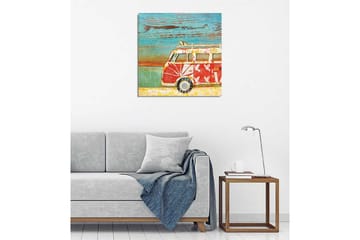 Lerretsbilde 45x45 cm - Vintage varebil med blomstermønster i et fargerikt miljø - Rød / Turkis / Hvit - Interiør - Maleri & posters - Lerretsbilder