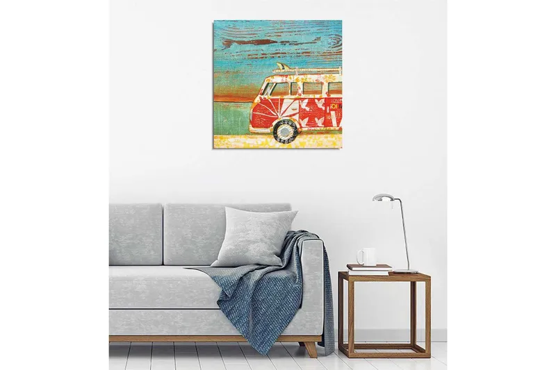 Lerretsbilde 45x45 cm - Vintage varebil med blomstermønster i et fargerikt miljø - Rød / Turkis / Hvit - Interiør - Maleri & posters - Lerretsbilder