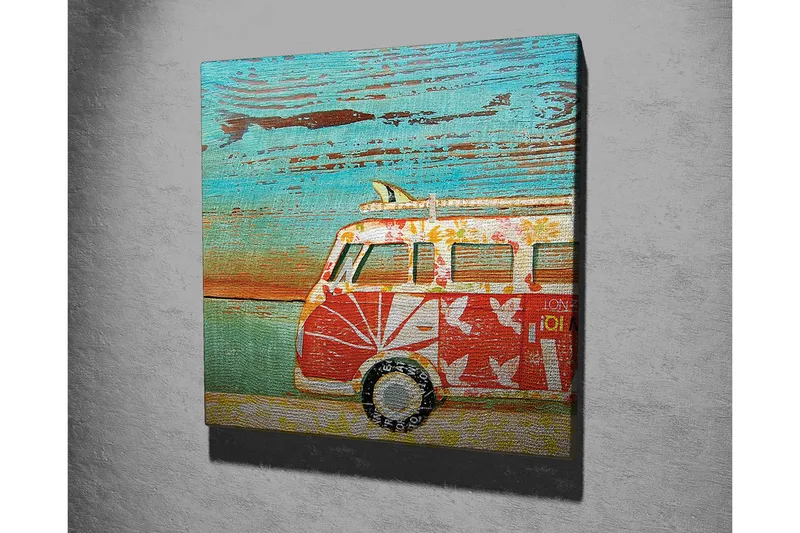 Lerretsbilde 45x45 cm - Vintage varebil med blomstermønster i et fargerikt miljø - Rød / Turkis / Hvit - Interiør - Maleri & posters - Lerretsbilder