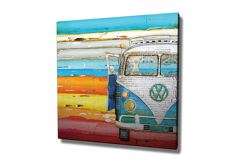 Lerretsbilde 45x45 cm - Vintage Volkswagen-buss i fargerike strandomgivelser - Blå / Oransje / Hvit - Interiør - Maleri & posters - Lerretsbilder