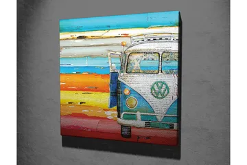 Lerretsbilde 45x45 cm - Vintage Volkswagen-buss i fargerike strandomgivelser - Blå / Oransje / Hvit - Interiør - Maleri & posters - Lerretsbilder