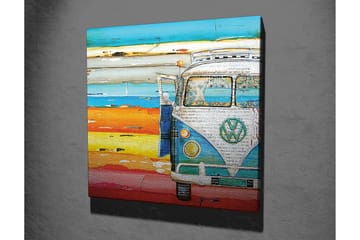 Lerretsbilde 45x45 cm - Vintage Volkswagen-buss i fargerike strandomgivelser - Blå / Oransje / Hvit - Interiør - Maleri & posters - Lerretsbilder