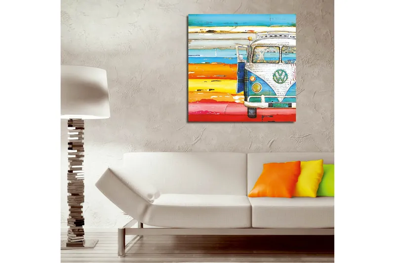 Lerretsbilde 45x45 cm - Vintage Volkswagen-buss i fargerike strandomgivelser - Blå / Oransje / Hvit - Interiør - Maleri & posters - Lerretsbilder