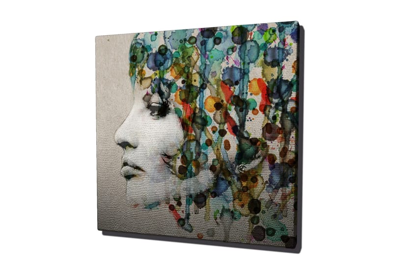 Lerretsbilde 45x45 cm - Portrett av en kvinne med fargerik hårkomposisjon - Grønn / Blå / Oransje - Interiør - Maleri & posters - Lerretsbilder