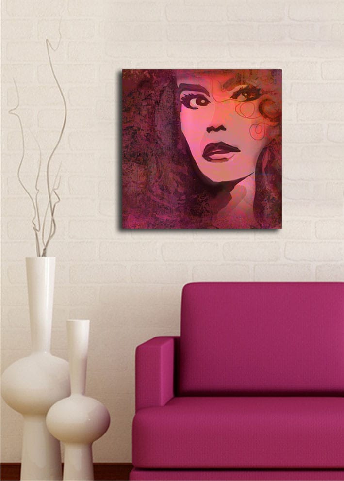 Lerretsbilde 45x45 cm - Portrett av en kvinne med uttrykksfulle ansiktstrekk - Mørk rød / Lilla / Rosa - Interiør - Maleri & posters - Lerretsbilder