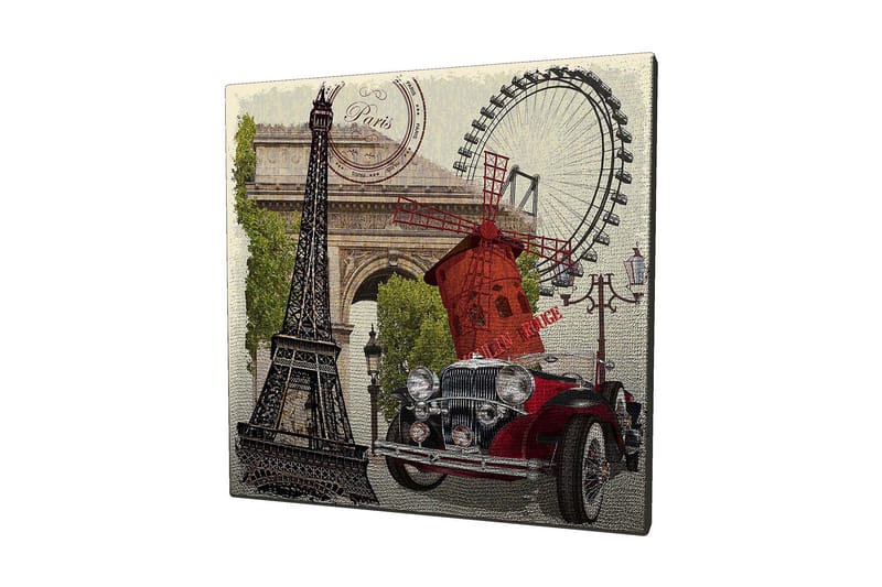 Lerretsbilde 45x45 cm - Paris-inspirert komposisjon med Eiffeltårnet, en rød bil og en vindmølle, Rød / Svart / Grønn