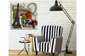 Lerretsbilde 45x45 cm - Paris-inspirert komposisjon med Eiffeltårnet, en rød bil og en vindmølle - Rød / Svart / Grønn - Interiør - Maleri & posters - Lerretsbilder