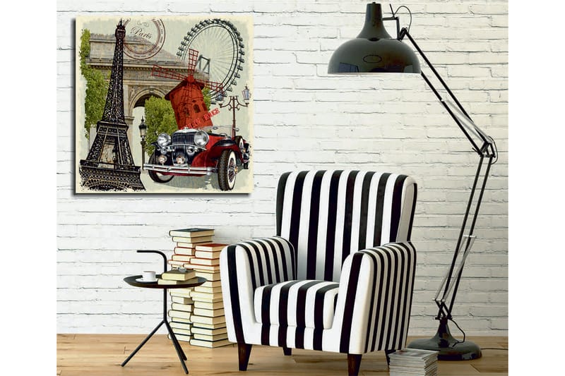 Lerretsbilde 45x45 cm - Paris-inspirert komposisjon med Eiffeltårnet, en rød bil og en vindmølle - Rød / Svart / Grønn - Interiør - Maleri & posters - Lerretsbilder