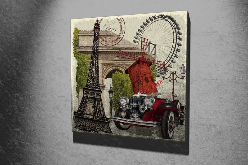 Lerretsbilde 45x45 cm - Paris-inspirert komposisjon med Eiffeltårnet, en rød bil og en vindmølle - Rød / Svart / Grønn - Interiør - Maleri & posters - Lerretsbilder