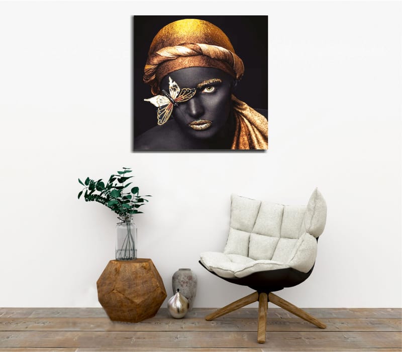 Lerretsbilde 45x45 cm - Portrett av en kvinne med gulldetaljer og en sommerfugl i ansiktet, Svart / Gull / Brun