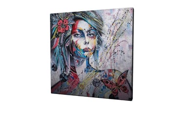 Lerretsbilde 45x45 cm - Portrett av en kvinne med fargerike detaljer og sommerfugler - Rosa / Blå / Grønn - Interiør - Maleri & posters - Lerretsbilder