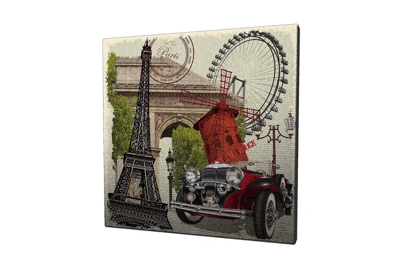 Lerretsbilde 45x45 cm - Paris-inspirert komposisjon med Eiffeltårnet, en rød bil og en vindmølle, Rød / Svart / Grønn