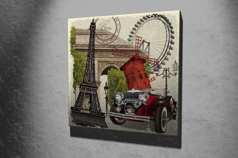 Lerretsbilde 45x45 cm - Paris-inspirert komposisjon med Eiffeltårnet, en rød bil og en vindmølle - Rød / Svart / Grønn - Interiør - Maleri & posters - Lerretsbilder