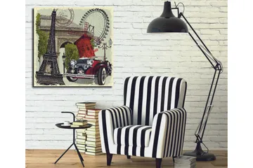 Lerretsbilde 45x45 cm - Paris-inspirert komposisjon med Eiffeltårnet, en rød bil og en vindmølle - Rød / Svart / Grønn - Interiør - Maleri & posters - Lerretsbilder
