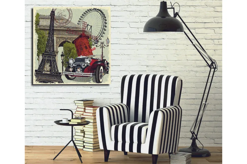 Lerretsbilde 45x45 cm - Paris-inspirert komposisjon med Eiffeltårnet, en rød bil og en vindmølle - Rød / Svart / Grønn - Interiør - Maleri & posters - Lerretsbilder
