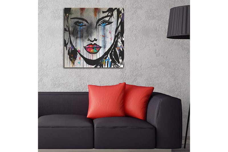 Lerretsbilde 45x45 cm - Portrett av en kvinne med sterke farger og uttrykksfulle trekk - Svart / Blå / Rosa - Interiør - Maleri & posters - Lerretsbilder