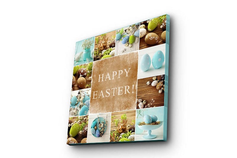 Lerretsbilde 45x45 cm - Påskeegg i forskjellige farger og former med teksten HAPPY EASTER!, Turkis / Brun / Grønn
