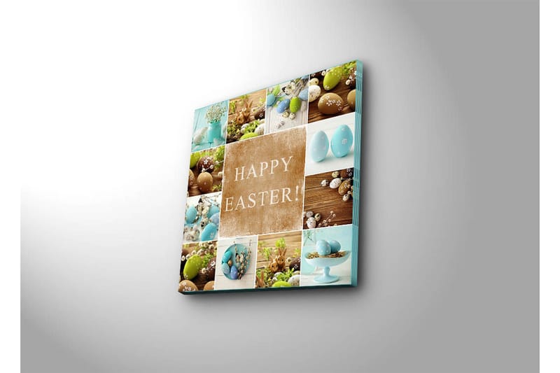 Lerretsbilde 45x45 cm - Påskeegg i forskjellige farger og former med teksten HAPPY EASTER! - Turkis / Brun / Grønn - Interiør - Maleri & posters - Lerretsbilder