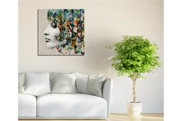 Lerretsbilde 45x45 cm - Portrett av en kvinne med fargerik hårkomposisjon - Grønn / Blå / Oransje - Interiør - Maleri & posters - Lerretsbilder