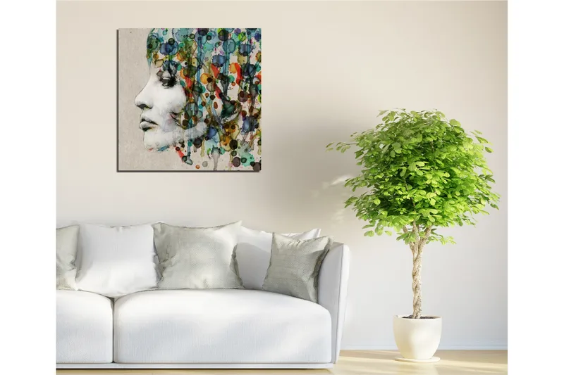 Lerretsbilde 45x45 cm - Portrett av en kvinne med fargerik hårkomposisjon - Grønn / Blå / Oransje - Interiør - Maleri & posters - Lerretsbilder