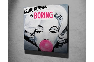 Lerretsbilde 45x45 cm - Portrett av en kvinne med tyggegummi og teksten BEING NORMAL IS BORING - Rosa / Svart / Grå - Interiør - Maleri & posters - Lerretsbilder