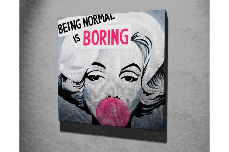 Lerretsbilde 45x45 cm - Portrett av en kvinne med tyggegummi og teksten BEING NORMAL IS BORING - Rosa / Svart / Grå - Interiør - Maleri & posters - Lerretsbilder